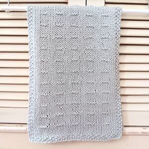 Hand Crafted Hand Knit Light Silver Gray Textured Dash Stripe Cotton Hand Towel
